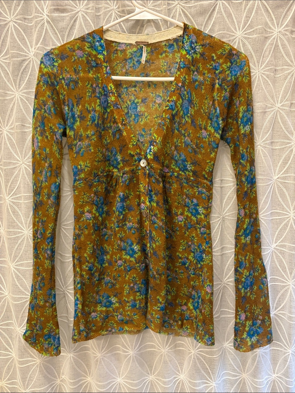 Free People Floral V-Neck Cardigan in Mustard and Blue